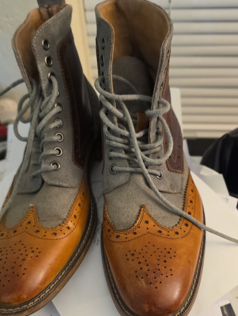 Stacy Adams Gray Canvas and Brown/Tan Wingtip Lace-Up Boots